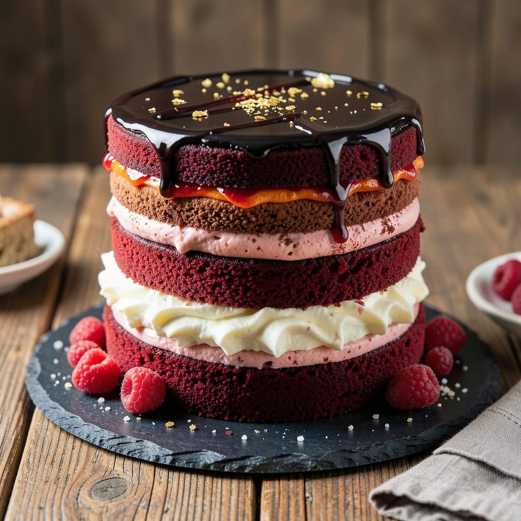 4 Layer Red Velvet Cake Recipe: Moist Velvet Layers and Cream Cheese Frosting Swirls