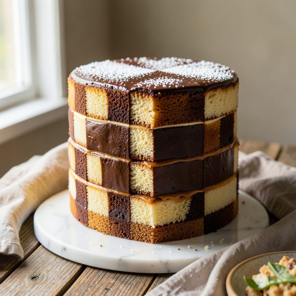 3 Layer Checkerboard Cake Recipe: Vanilla-Chocolate Swirls With Crunchy Almond Topping