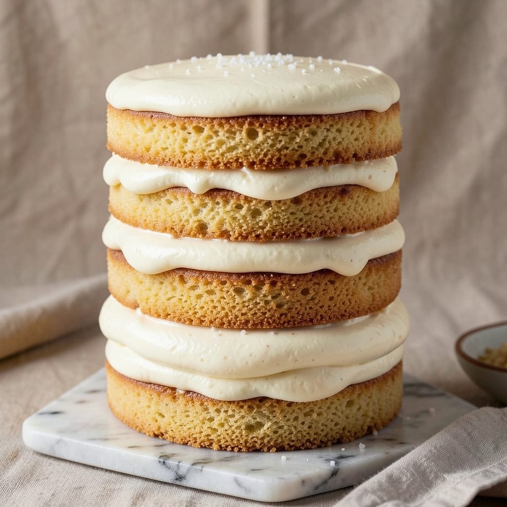 4 Layer Vanilla Cake Recipe: Vanilla Bean Buttercream Swirls and Crunchy Almond Topping